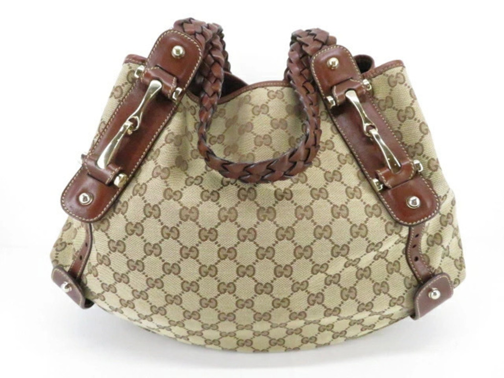 Gucci Shoulder Bag Canvas Calfskin Beige Cream Brown